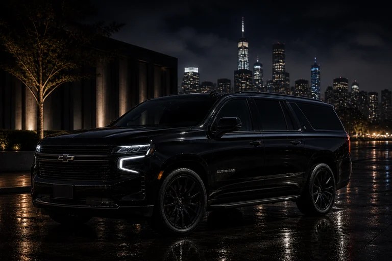 Blacked-out 2024 Chevrolet Suburban with black wheels on a wet New York City street at night, skyline behind it