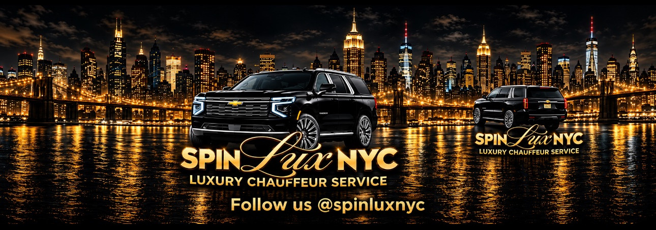 Spin Lux NYC banner: two black luxury SUVs in front of the illuminated New York City skyline at night, reflected in the water, with gold Spin Lux NYC lettering